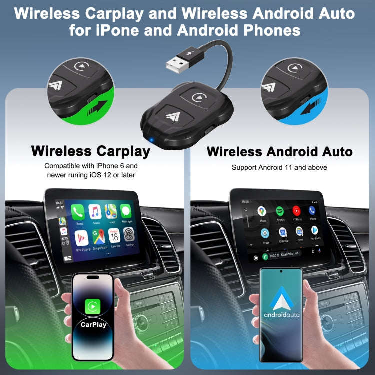 THT-020-9 USB + USB-C / Type-C Wired to Wireless Carplay / Android Auto Adapter(Black)