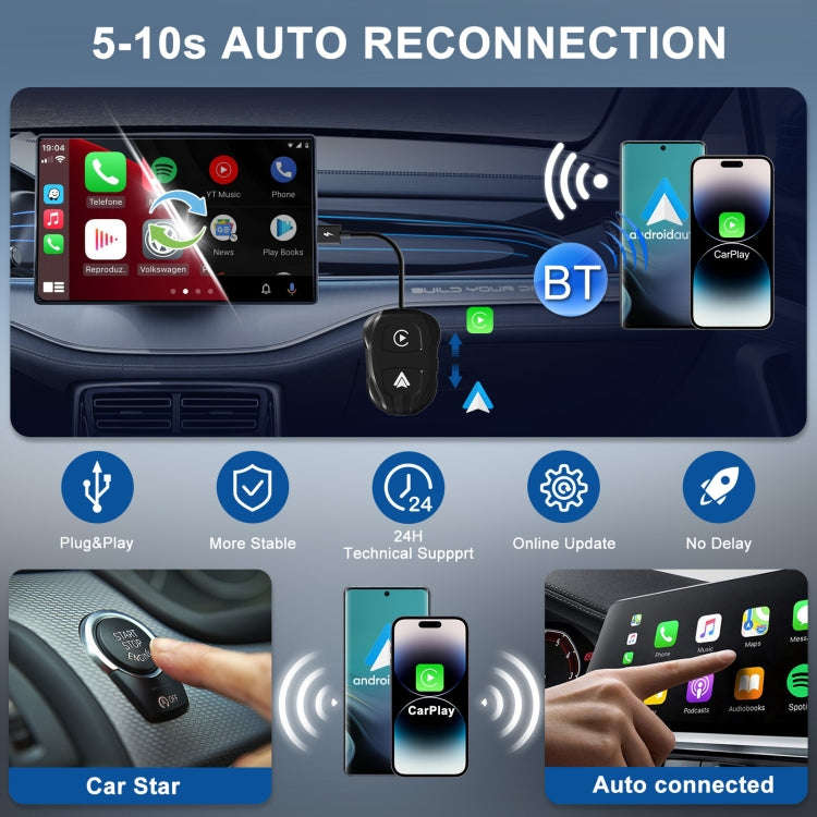 THT-020-9 USB + USB-C / Type-C Wired to Wireless Carplay / Android Auto Adapter(Black)