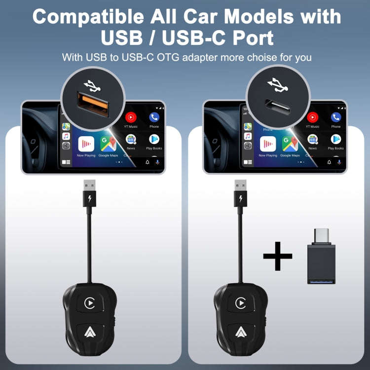 THT-020-9 USB + USB-C / Type-C Wired to Wireless Carplay / Android Auto Adapter(Black)