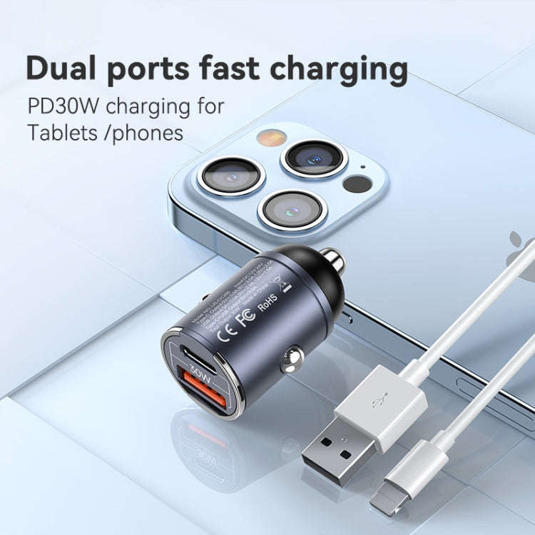 USAMS US-CC206 C38 PD30W USB + Type-C Dual Port Fast Charging Aluminum Alloy Car Charger(Tarnish)
