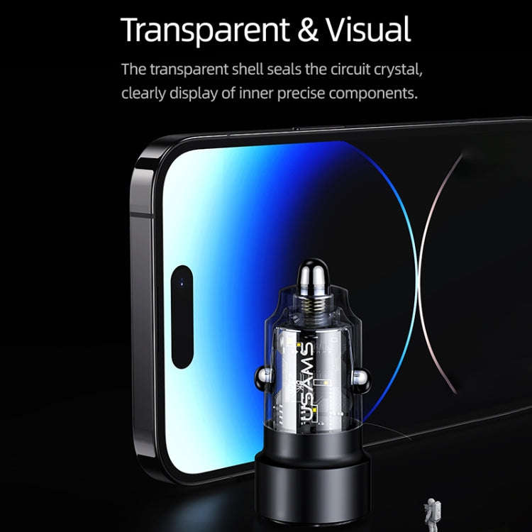 USAMS US-CC208 C39 60W USB + Type-C Dual Port Fast Charging Aluminum Alloy Transparent Car Charge...