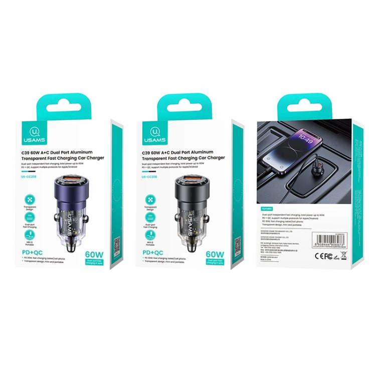 USAMS US-CC208 C39 60W USB + Type-C Dual Port Fast Charging Aluminum Alloy Transparent Car Charge...