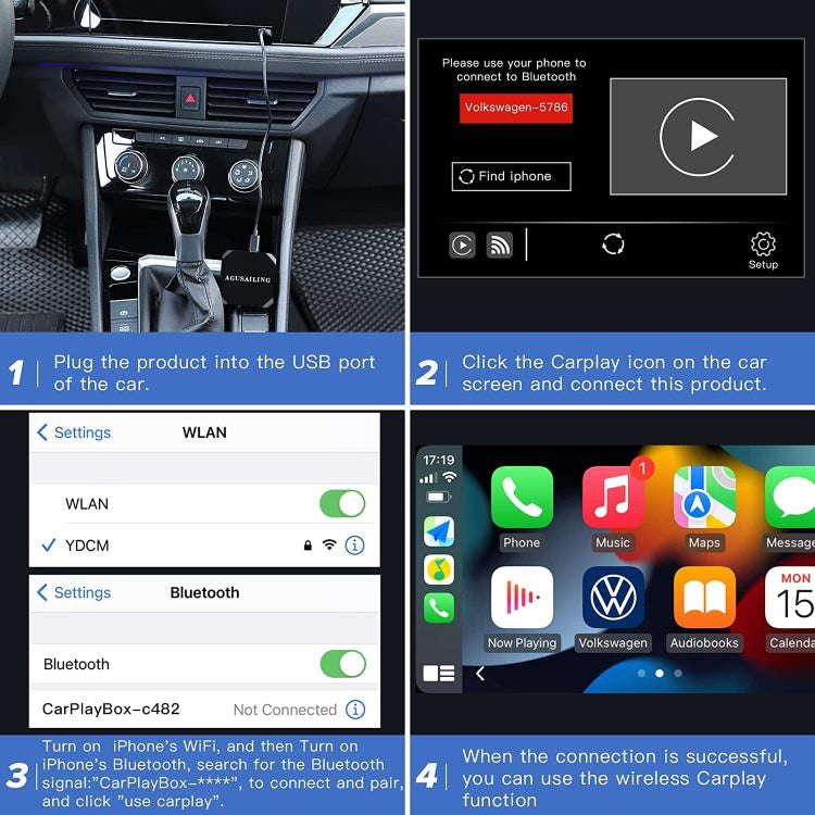 USB + USB-C / Type-C Wired to Wireless Carplay Adapter(Black)