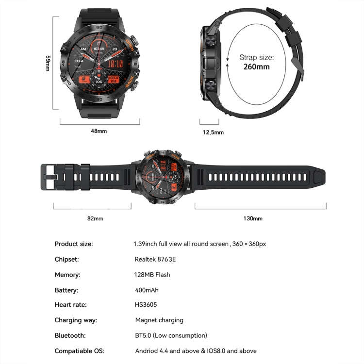 K52 1.39inch BT5.0 Smart Watch Support Heart Rate/ Sleep Detection(Orange)