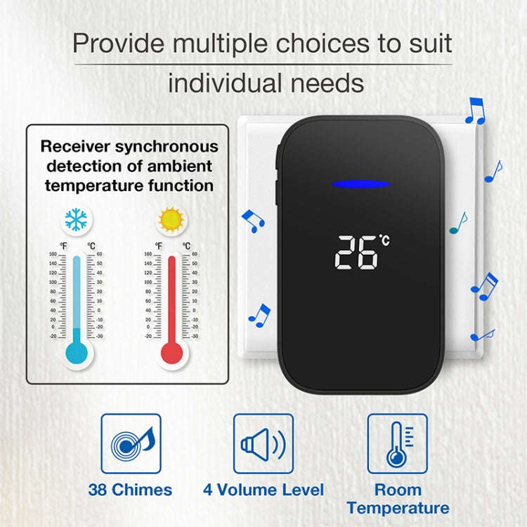C302B One to Two Home Wireless Doorbell Temperature Digital Display Remote Control Elderly Pager,...