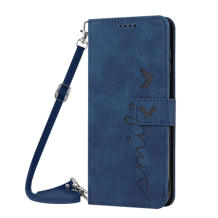 For Motorola Edge 5G 2024 Skin Feel Heart Embossed Leather Phone Case with Long Lanyard(Blue)