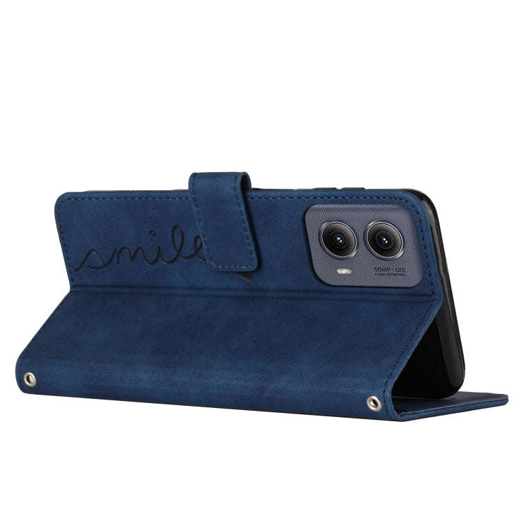 For Motorola Edge 5G 2024 Skin Feel Heart Embossed Leather Phone Case with Long Lanyard(Blue)