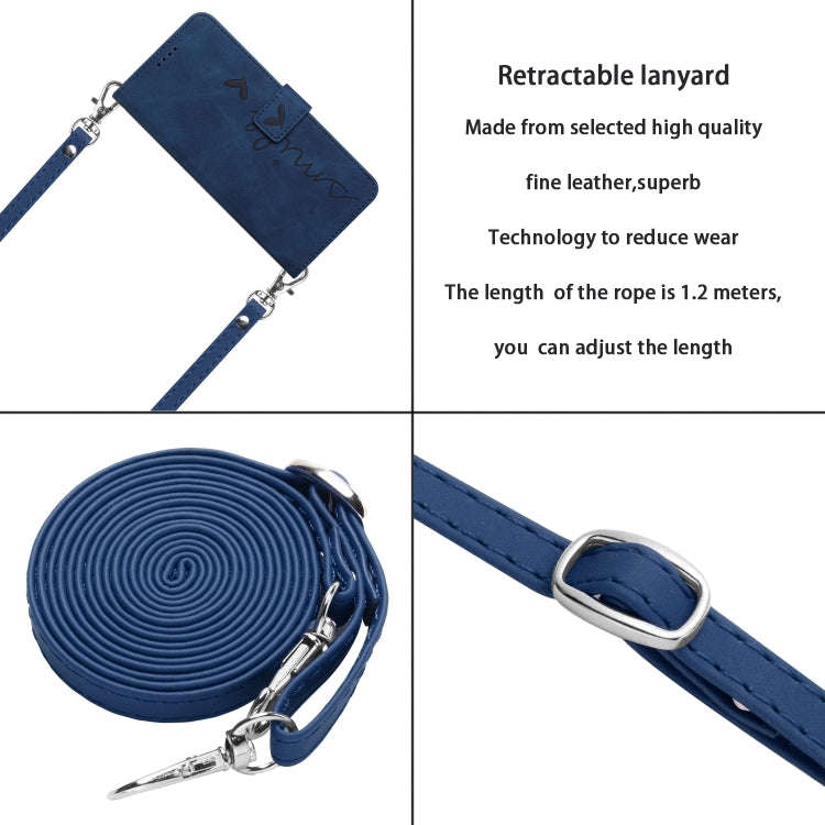 For Motorola Edge 5G 2024 Skin Feel Heart Embossed Leather Phone Case with Long Lanyard(Blue)