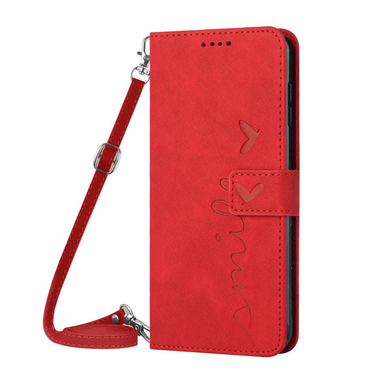 For Motorola Moto G Stylus 5G 2024 Skin Feel Heart Embossed Leather Phone Case with Long Lanyard(...