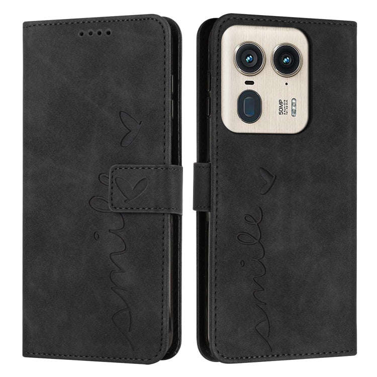 For Motorola Moto X50 Ultra Skin Feel Heart Embossed Leather Phone Case with Long Lanyard(Black)