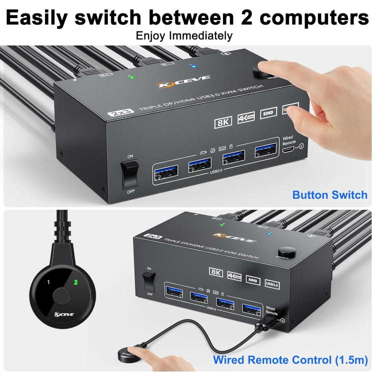 KC-KVM203DH 8K 30Hz USB3.0 DP+DP+HDMI Triple Monitors KVM Switch, EU Plug