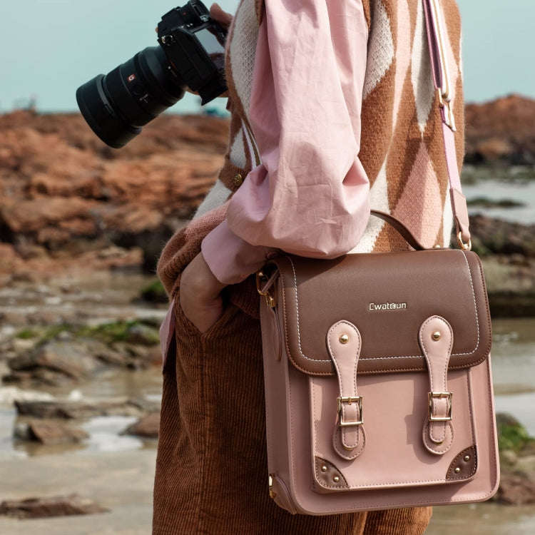 Cwatcun D81 Retro Camera Crossbody Bag Vintage PU Leather Waterproof Camera Handbag(Brown Pink)