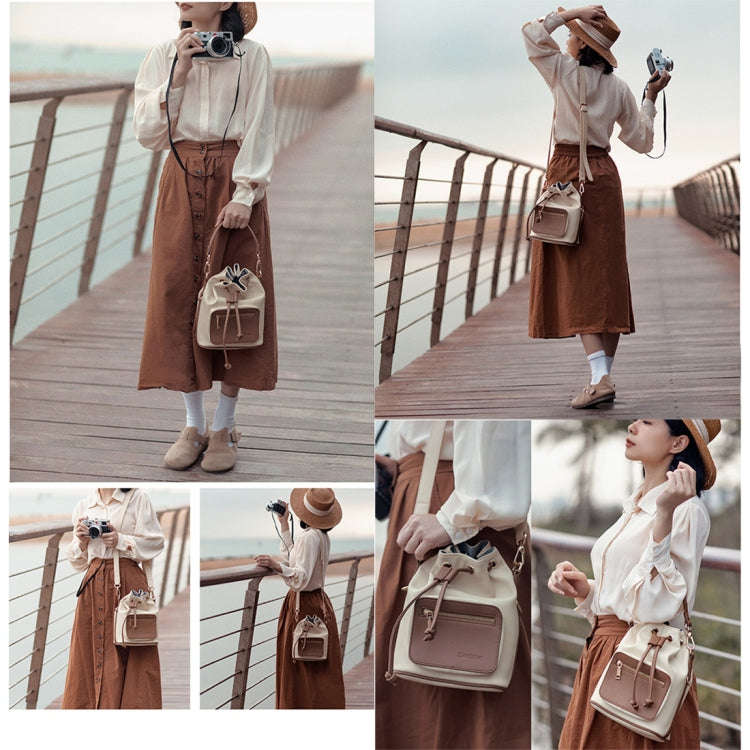 Cwatcun D82 Bundle Drawstring Lens Bag PU Crossbody Camera Bag(Beige)