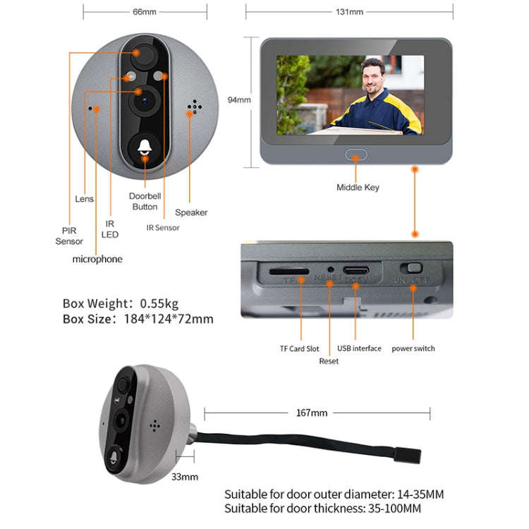 ESCAM C87 1080P 4.3 inch Smart WiFi Digital Door Viewer Supports Wide-Angle PIR & Night Vision & ...