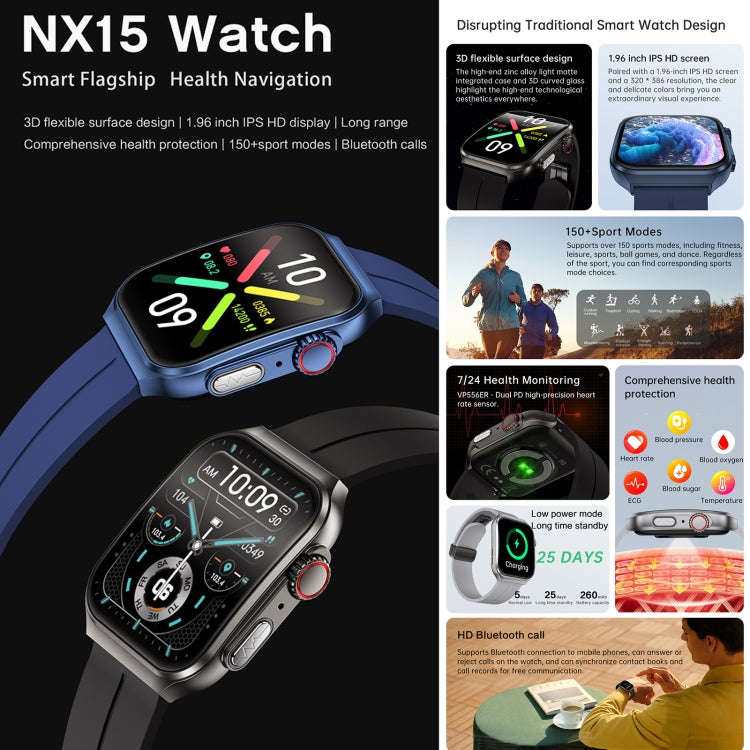 NX15 Smart Watch, 1.96 inch, BT Call / Heart Rate / Blood Pressure / Blood Oxygen(Blue)