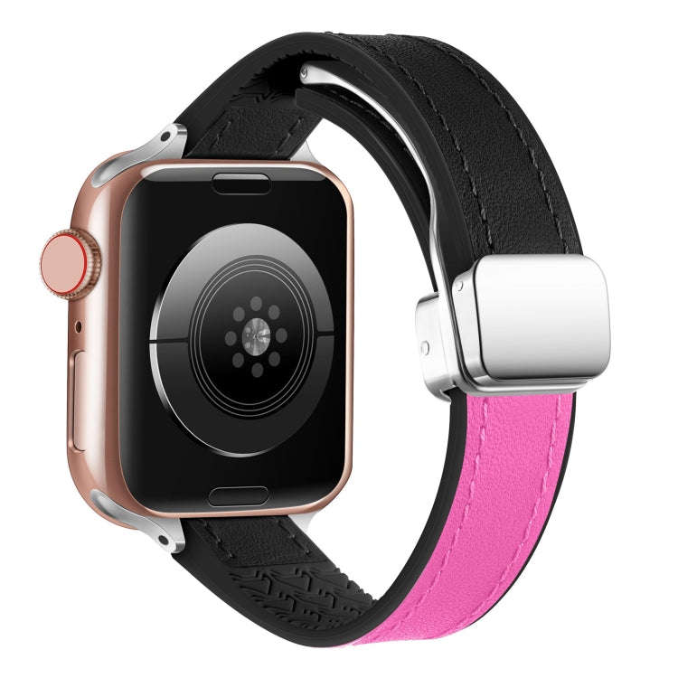 For Apple Watch Ultra 2 49mm Magnetic Folding Leather Silicone Watch Band(Rose Pink on Black)