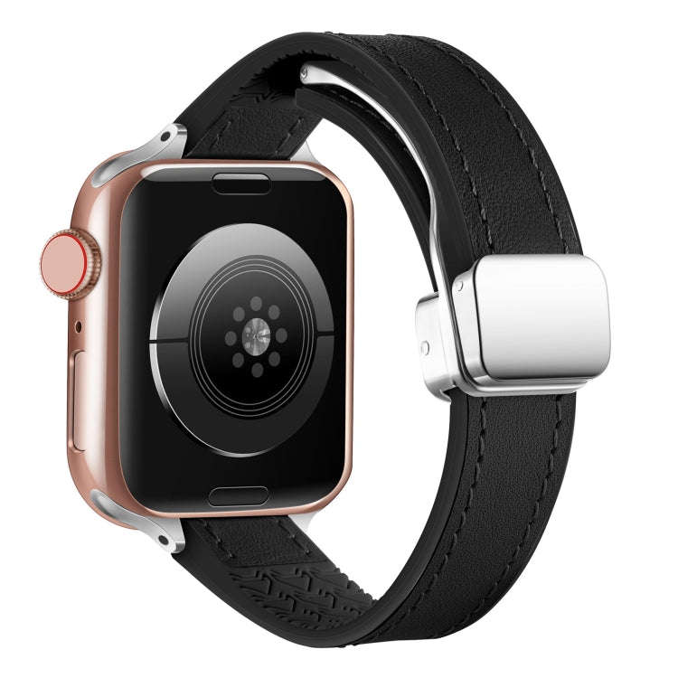 For Apple Watch Ultra 2 49mm Magnetic Folding Leather Silicone Watch Band(Napa Black)