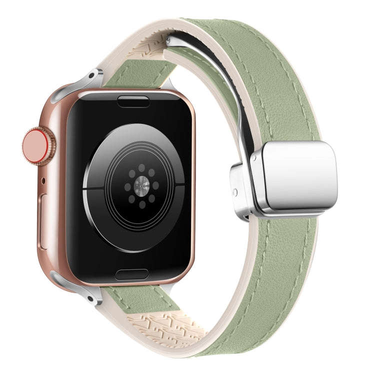 For Apple Watch Ultra 49mm Magnetic Folding Leather Silicone Watch Band(Grass Green)