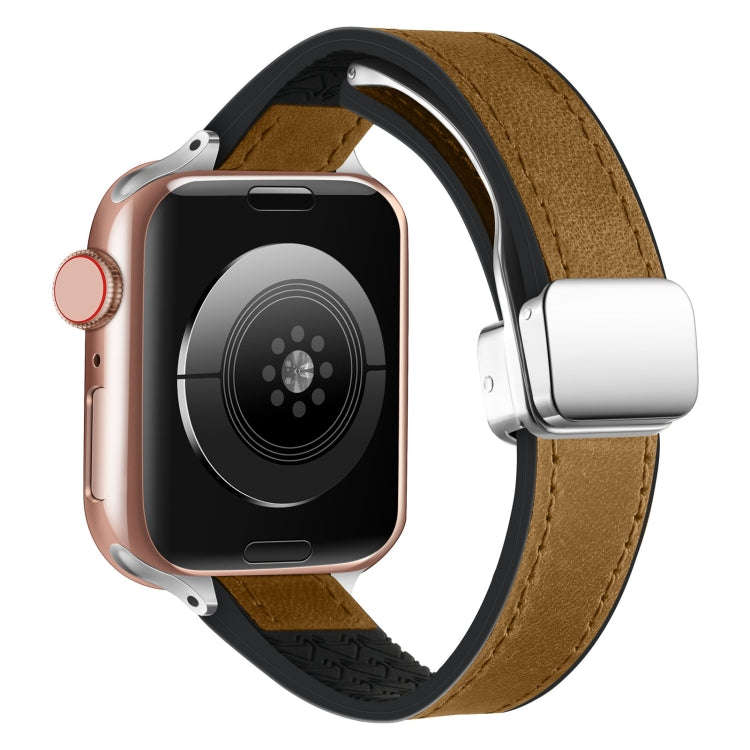 For Apple Watch Ultra 49mm Magnetic Folding Leather Silicone Watch Band(Crazy Horse Brown)