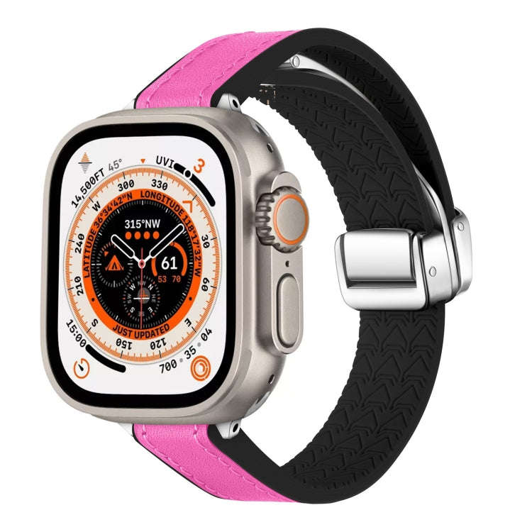 For Apple Watch Ultra 49mm Magnetic Folding Leather Silicone Watch Band(Rose Pink on Black)