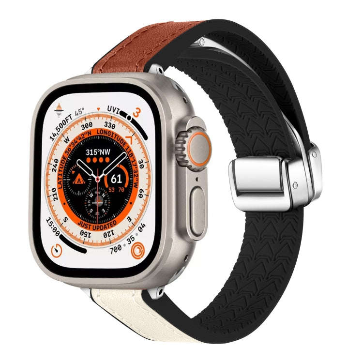 For Apple Watch Ultra 49mm Magnetic Folding Leather Silicone Watch Band(Starlight Brown)