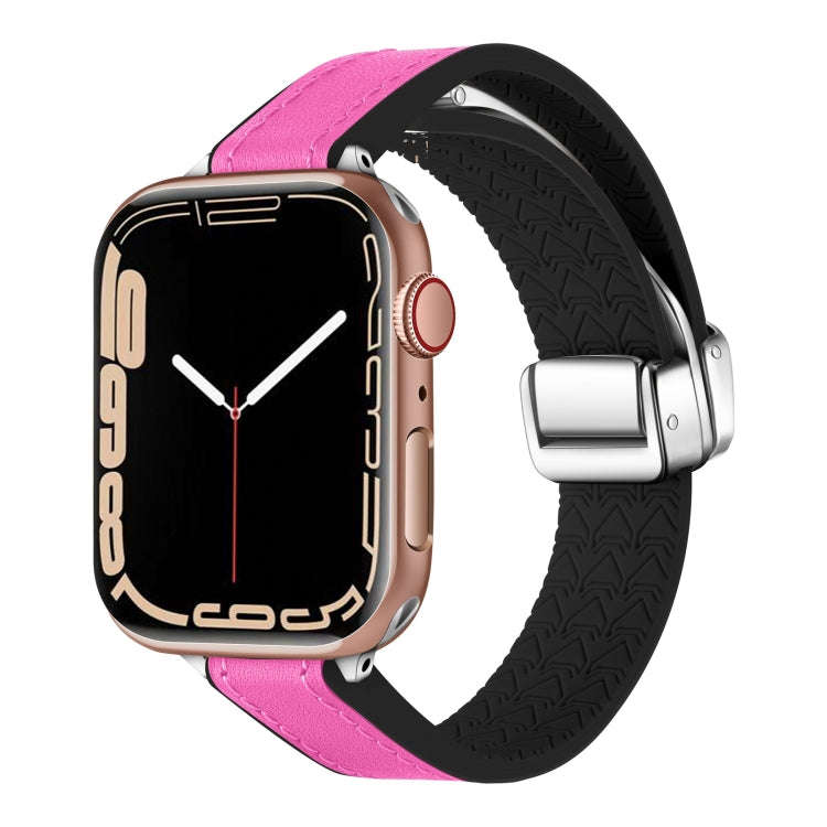For Apple Watch Series 8 41mm Magnetic Folding Leather Silicone Watch Band(Rose Pink on Black)