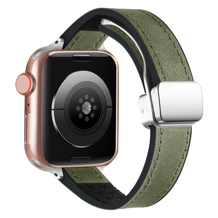 For Apple Watch SE 40mm Magnetic Folding Leather Silicone Watch Band(Crazy Horse Green)