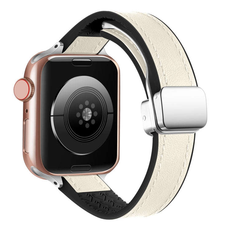 For Apple Watch Series 5 44mm Magnetic Folding Leather Silicone Watch Band(Starlight White)