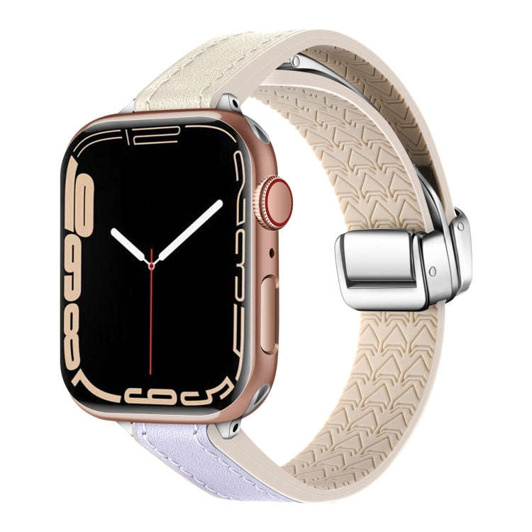 For Apple Watch Series 4 44mm Magnetic Folding Leather Silicone Watch Band(Starlight Purple)