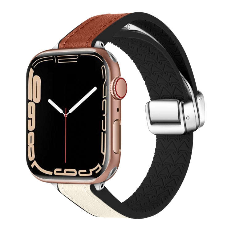 For Apple Watch Series 4 44mm Magnetic Folding Leather Silicone Watch Band(Starlight Brown)