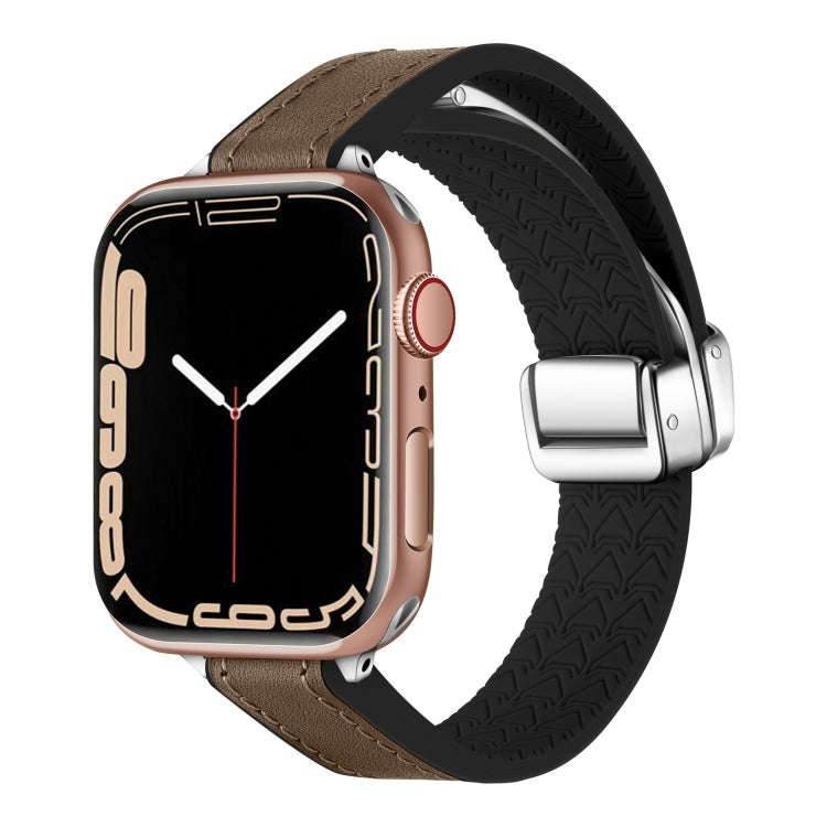 For Apple Watch Series 3 38mm Magnetic Folding Leather Silicone Watch Band(Dark Brown)