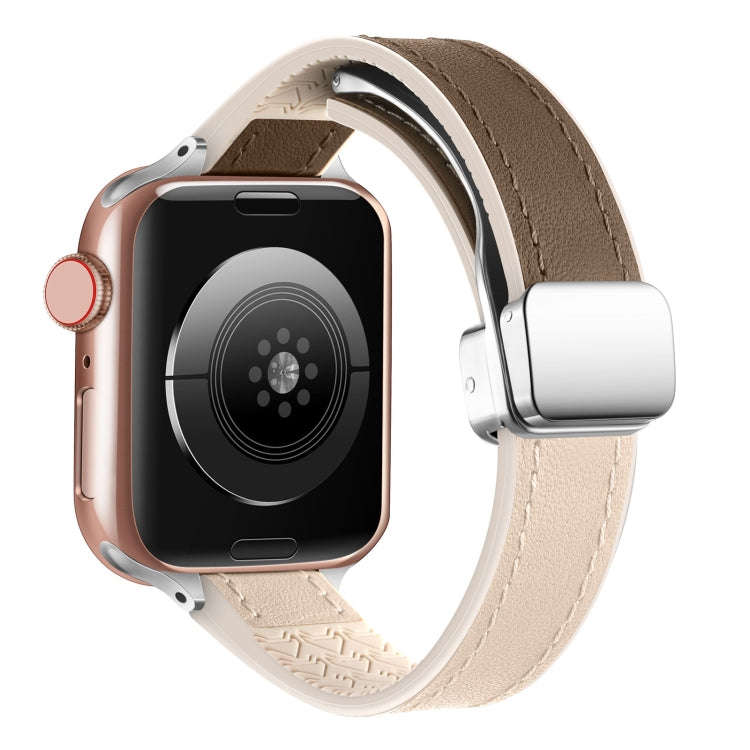 For Apple Watch Series 3 38mm Magnetic Folding Leather Silicone Watch Band(Apricot Brown)