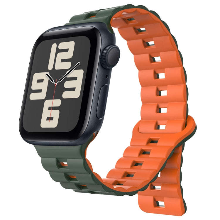 For Apple Watch SE 2023 40mm Reverse Buckle Two Color Magnetic Silicone Watch Band(Olive Green+Or...