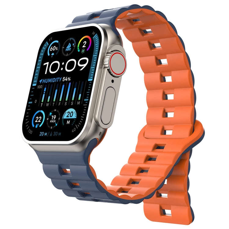 For Apple Watch Ultra 2 49mm Reverse Buckle Two Color Magnetic Silicone Watch Band(Midnight Blue+...