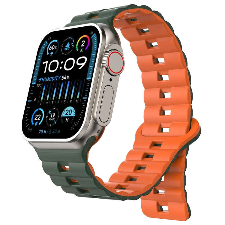 For Apple Watch Ultra 2 49mm Reverse Buckle Two Color Magnetic Silicone Watch Band(Olive Green+Or...