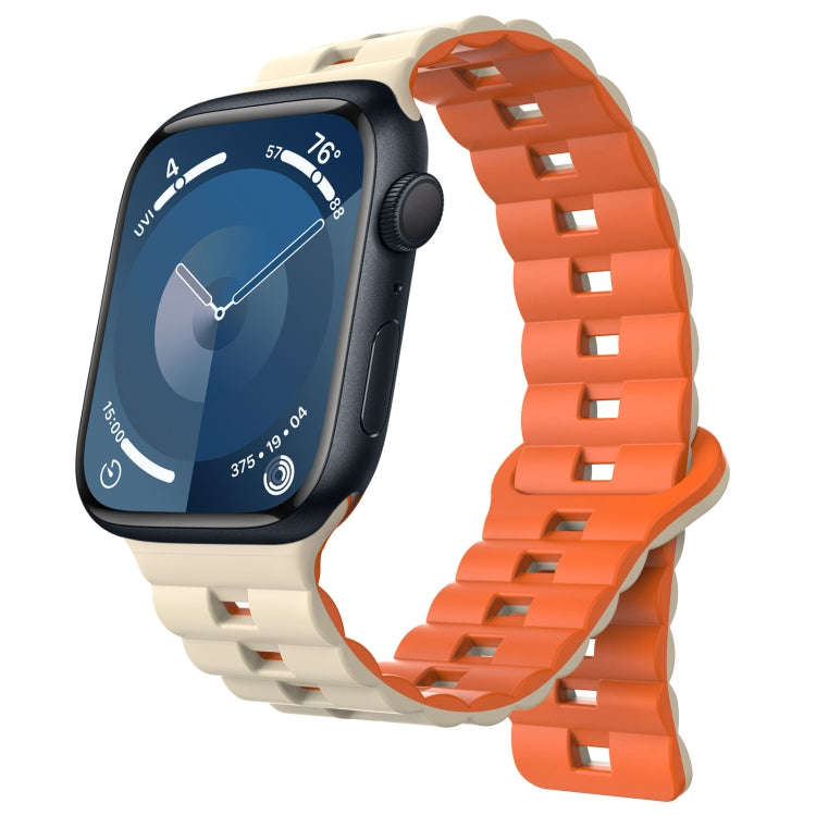 For Apple Watch Series 9 45mm Reverse Buckle Two Color Magnetic Silicone Watch Band(Starlight+Ora...