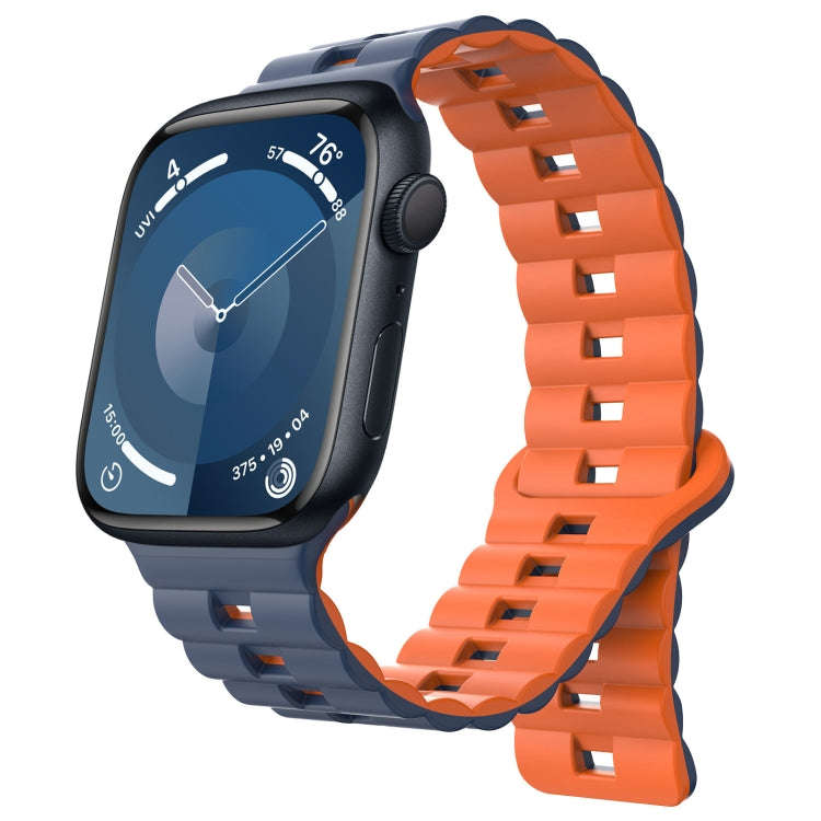 For Apple Watch Series 9 45mm Reverse Buckle Two Color Magnetic Silicone Watch Band(Midnight Blue...