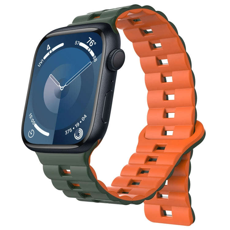 For Apple Watch Series 9 41mm Reverse Buckle Two Color Magnetic Silicone Watch Band(Olive Green+O...