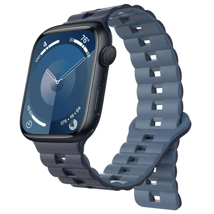 For Apple Watch Series 9 41mm Reverse Buckle Two Color Magnetic Silicone Watch Band(Dark Blue+Lig...