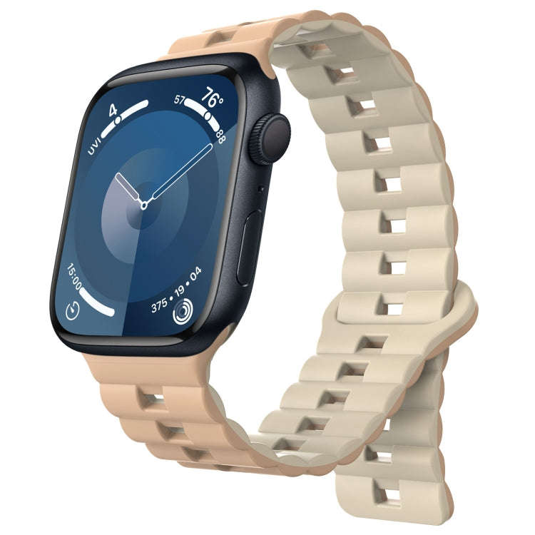 For Apple Watch Series 9 41mm Reverse Buckle Two Color Magnetic Silicone Watch Band(Milk White+Ol...