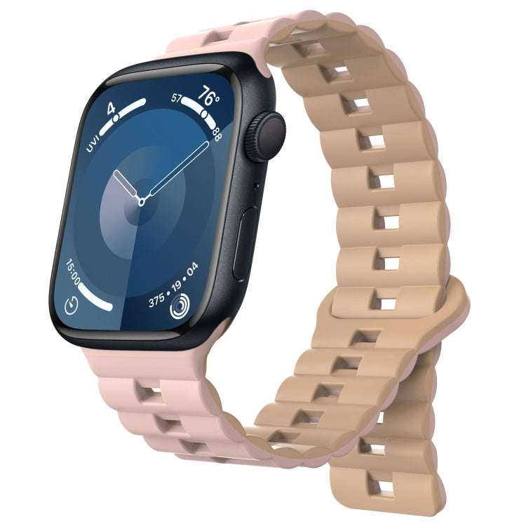 For Apple Watch Series 9 41mm Reverse Buckle Two Color Magnetic Silicone Watch Band(Pink+Grey)