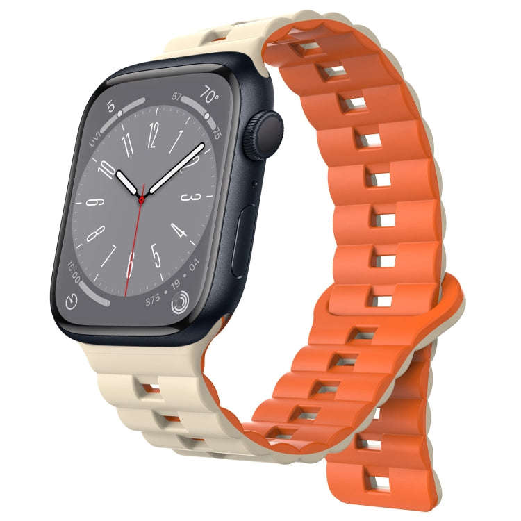 For Apple Watch Series 8 41mm Reverse Buckle Two Color Magnetic Silicone Watch Band(Starlight+Ora...