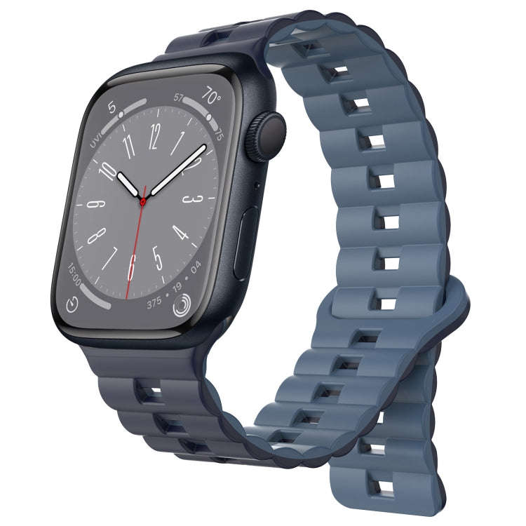 For Apple Watch Series 8 41mm Reverse Buckle Two Color Magnetic Silicone Watch Band(Dark Blue+Lig...