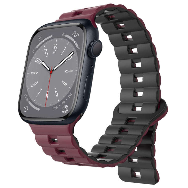 For Apple Watch Series 8 41mm Reverse Buckle Two Color Magnetic Silicone Watch Band(Wine Red+Black)