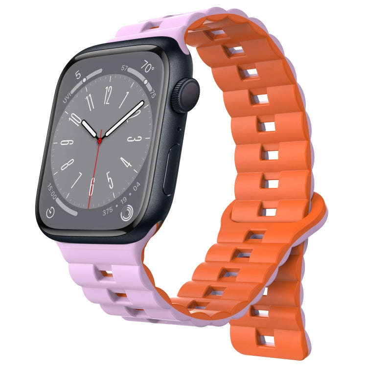 For Apple Watch Series 8 41mm Reverse Buckle Two Color Magnetic Silicone Watch Band(Purple+Orange)