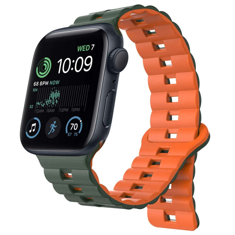 For Apple Watch SE 2022 44mm Reverse Buckle Two Color Magnetic Silicone Watch Band(Olive Green+Or...