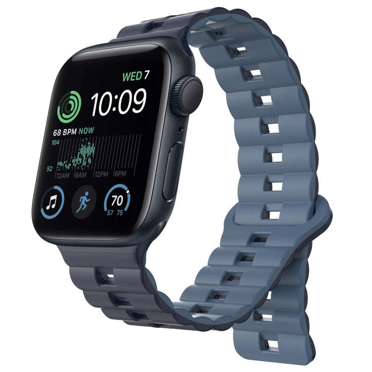 For Apple Watch SE 2022 44mm Reverse Buckle Two Color Magnetic Silicone Watch Band(Dark Blue+Ligh...
