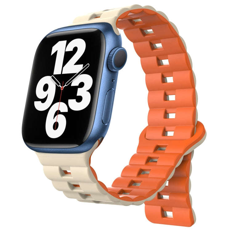 For Apple Watch Series 7 41mm Reverse Buckle Two Color Magnetic Silicone Watch Band(Starlight+Ora...