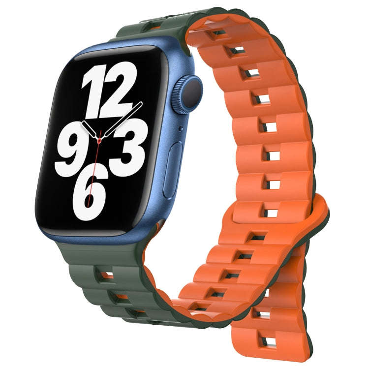 For Apple Watch Series 7 45mm Reverse Buckle Two Color Magnetic Silicone Watch Band(Olive Green+O...