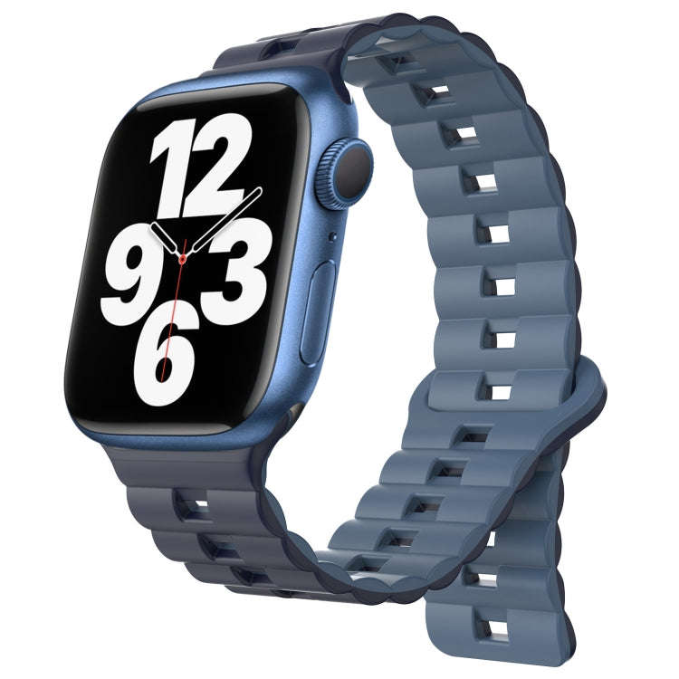 For Apple Watch Series 7 45mm Reverse Buckle Two Color Magnetic Silicone Watch Band(Dark Blue+Lig...
